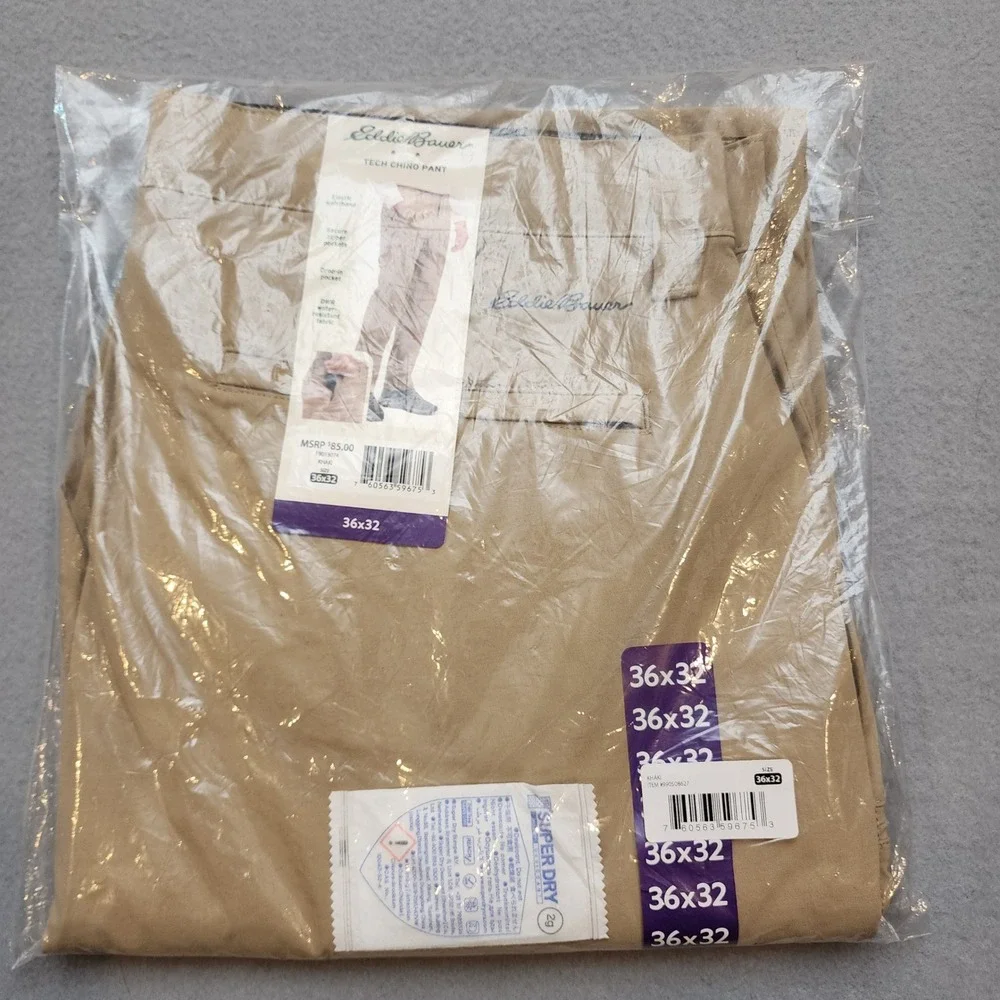 Eddie Bauer Mens Tech Chino Pant Khaki Water Resistant 36x32 NWT
